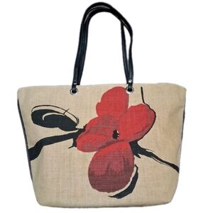 NATURAL Burlap Jute Floral Hand-Painted Tote Bag NWT